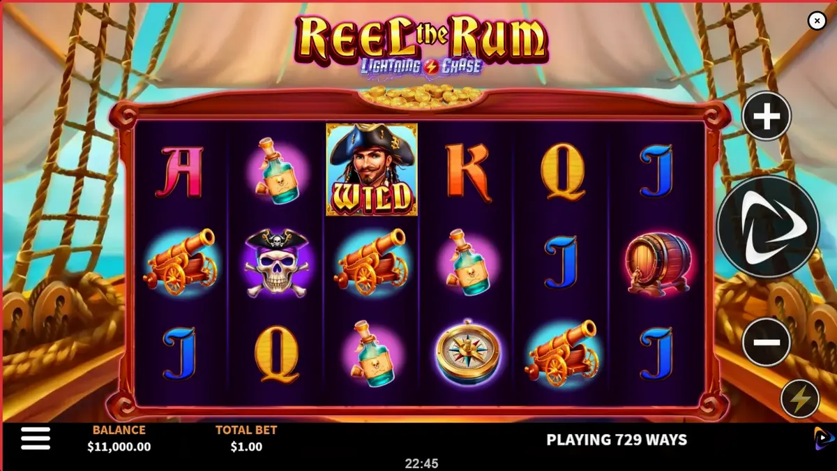 Reel the Rum স্লট গেমের মোবাইল ইন্টারফেস এবং পাইরেট থিমযুক্ত গ্রাফিক্স